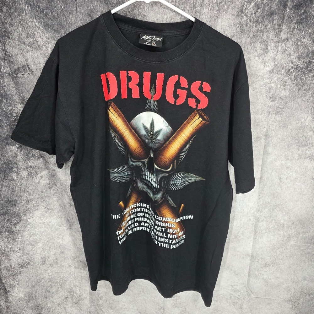 Rock Chang T Shirt Mens Large Black Anti Drugs Skull All Over‎ Print
